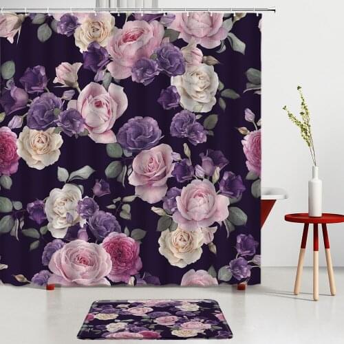 Rose Printing Shower Curtains Set Bath Mat Purple Pink Yellow Flowers Kitchen Bathroom Rugs Room Decoration Bath Screen Carpets