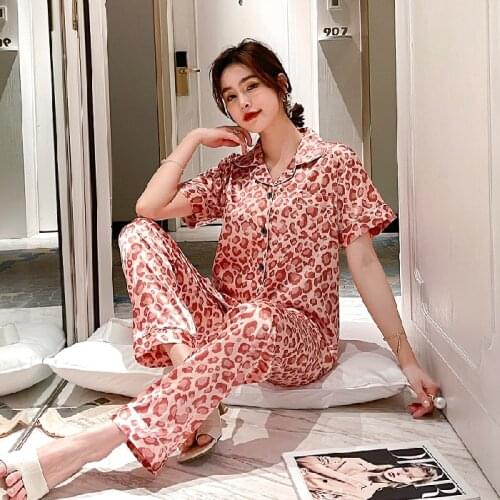 Newest Silk Pajamas for Women Sweet Leopard Pyjamas Woman Elegant Short Sleeve Long Pant Homewear Ladies Sleepwear Sets 2021