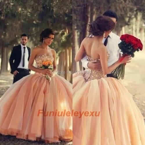 Newest Peach Colored Strapless Ball Gown Floor Length Luxury Beads Crystal Wedding Dresses Bridal Gowns Women Custom made