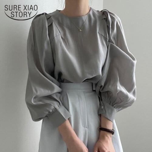 2021 Autumn New Long Sleeve Loose Shirt Women Women Tops French Simple Round Collar Blouses Clothes Cotton Blouse Blusas 16188