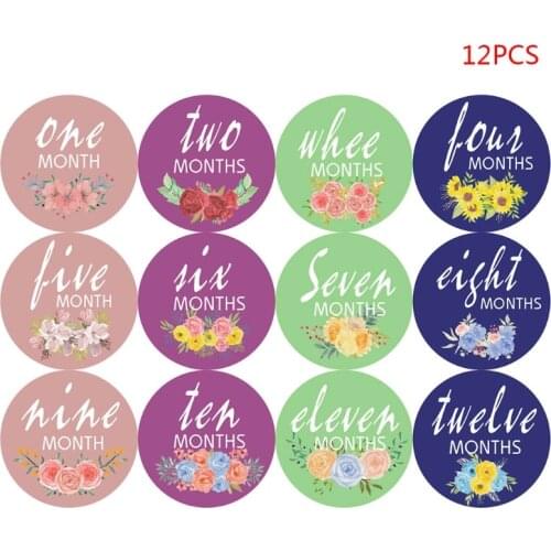Null 12 Pcs/Set Baby Pregnant Monthly Stickers Floral Pattern Memory Recording Milestone Sticker Newborn Growth Photo