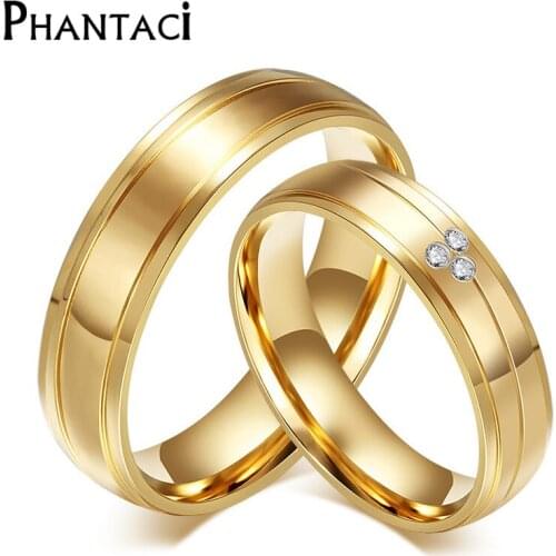 No Fade 6MM Stainless Steel Wedding Ring For Lovers IP Gold Color Zircon Crystal Couple Rings Set Men Women Engagement Jewelry