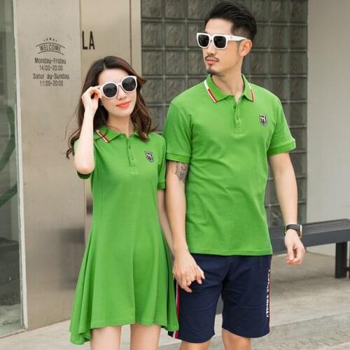 Korean Couple Matching Clothes Green Polo Dress T-Shirts College School Lovers Pair Women Men Summer Vacation Outfit Wear Set