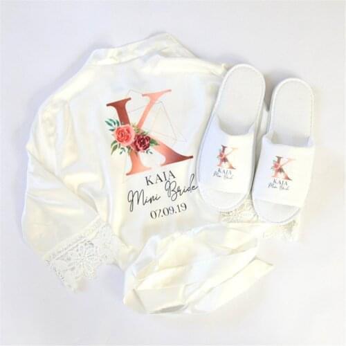 Lace Sleeve Sexy Women Nightwear Peignoir Mariage Wedding Silk Female Bathrobes Bridemaid Robes &Slipper Set Personalized Name