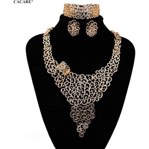Luxury Dubai Gold Jewelry Sets Women Big Necklace Earring Set Indian Jewellery 4 Pieces Set F1176 Rhinestone Party Jewels CACARE