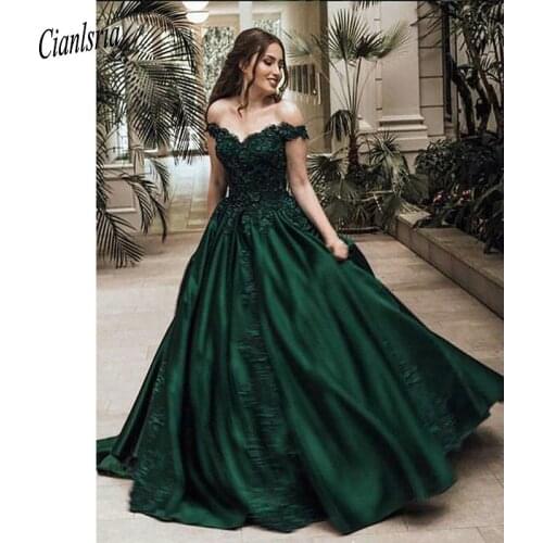 Dark Green Off The Shoulder Ball Gown Evening Dresses Sleeveless Appliques Lace Beading Long Formal Party Dress