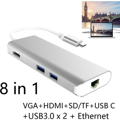 USB3.1 Type C HUB Multiport Type C PD Charging RJ45 Gigabit Ethernet USB 3.0 HD 4K SD TF Card Reader VGA Adapter for MacBook