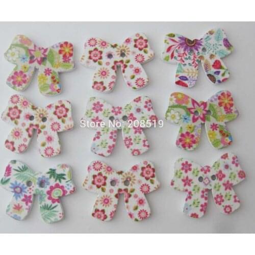 WBNAAV Bowtie wood buttons floral printed 150pcs Mix colorful Botoes for children clothes sewing supplies
