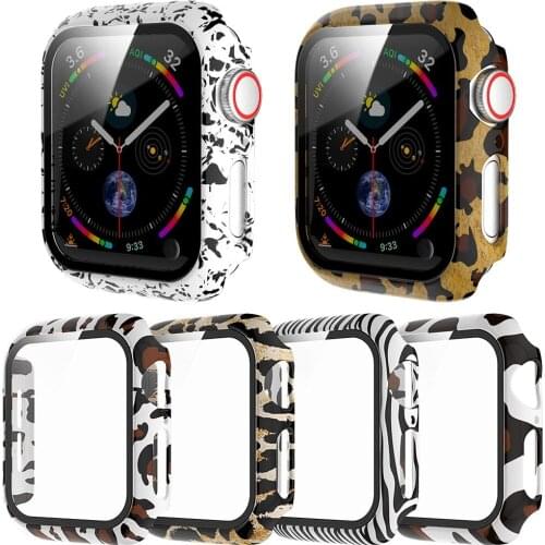 PC Leopard Print Cover with Glass Film for Apple Watch SE Cover Series 6 5 4 3 IWatch Screen Protector Bumper 40mm44mm 38mm 42mm