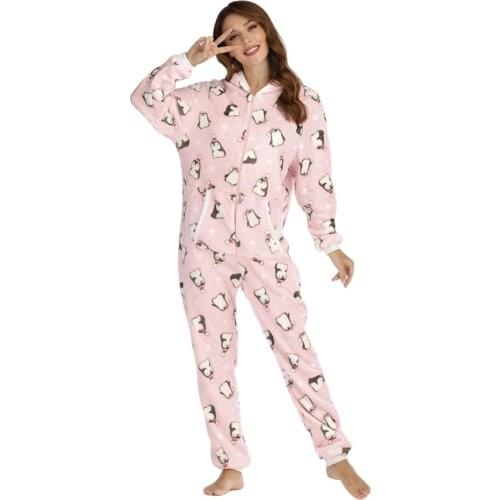 Adults Flannel Pink Animal Kigurumi Womens Onesies Pajamas Penguin Print Cosplay Costume Sleepwear