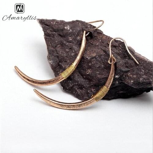Amaiyllis Vintage Crescent Moon Dangle Earrings For Women Handmade Wire Horn Drop Earrings Ethnic Alloy Pendant Earrings Brincos
