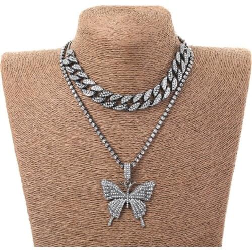 Iced Out Cuban Link Chain Butterfly Necklace Set Ice Choker Necklace Women Blinged Chain Chocker Hip Hop Pendant Jewelry