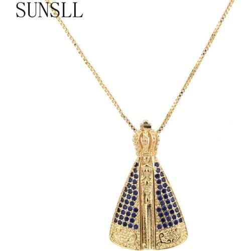 SUNSLL Handmade Golden Copper Blue Cubic Zirconia Fashion Pendant Necklace Jewelry for Women Gift Party Linda Colar Feminina