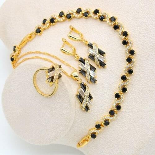 Gold Color Jewelry Set for Women Black White Zircon Bracelet Earrings Necklace Pendant Ring Birthday Gift