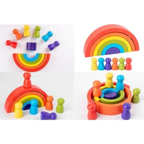 12Pieces Wooden Rainbow Stacking Blocks Fun Building Nesting Toys for Kids Boys