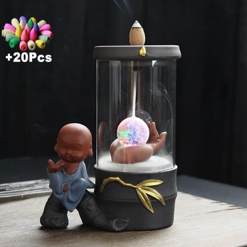 +20Pcs Incense Cones Purple Clay Peaceful Lucky Bamboo Zen Monk Led Backflow Incense Burner Creative Hand Gift FengShui Ornament
