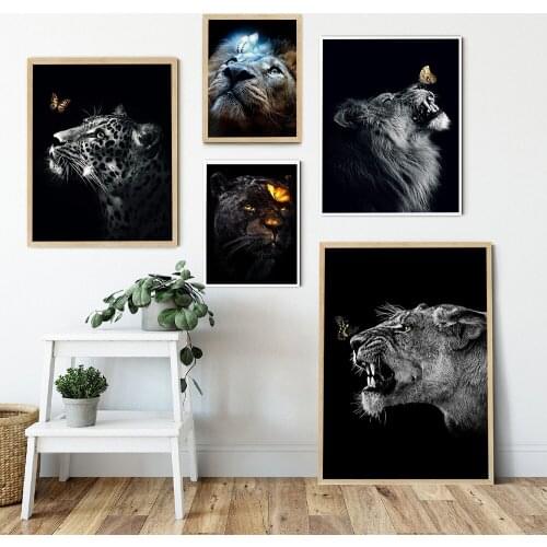 Black White Lion Butterfly Leopard Funny Animals Art Canvas Painting Nordic Poster And Print Wall Picture For Living Room Decor