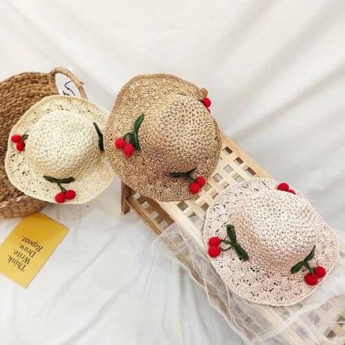 Childrens Dustproof Protective Hat Girls' Korean Summer Handmade Cherry Decoration Straw Hats
