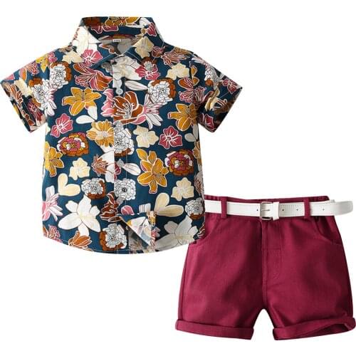 Summer Kids Baby Boy Gentlemen Suits Party Floral Short Sleeve Shirts+Belt Shorts Casual Beach Clothes Outfits for Boy 1-6Years