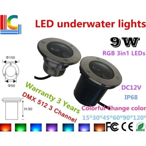 DMX512 Control RGB 3in1 9W RGB LED Underwater Lights IP68 Waterproof CE RoHS Outdoor Pond Lamps Color change Fountain Lamp