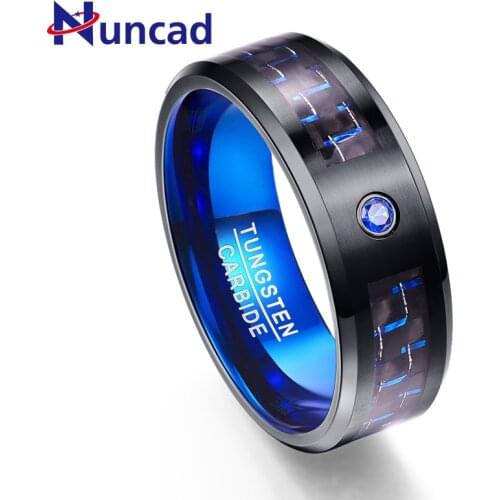 Carbon Fiber Exquisite Blue Zircon Men Rings 100% Tungsten Carbide Wedding Bands Anillos para hombres Ring