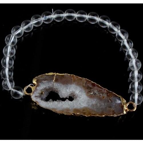 Kraft-beads Light Yellow Gold Color Irregular Shape Agates with Natural Rock Crystal Round Beads Bracelet