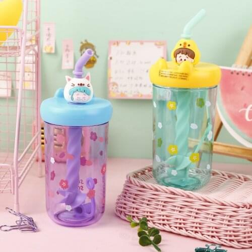 Water bottle cute creative cartoon straw transparent plastic mixing cup fun portable with lid student sports drink juice cup