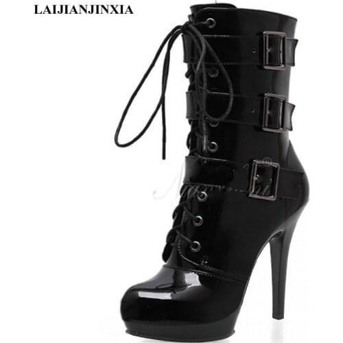 LAIJIANJINXIA New Dance Boots 13 cm Heels Stiletto Belt Buckle Low Women Boots Sexy Ankle Boots Party Model Pole Dancing Shoes