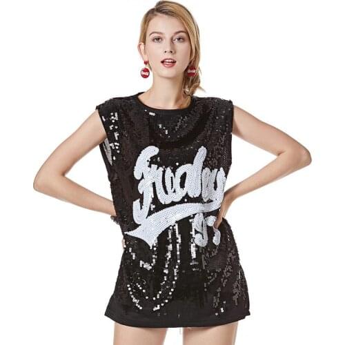 Summer Casual Fahion Elegant Straight Sleeveless O-neck High Street Letter Embroidery Black Free Size Sequin Women Dress 9943