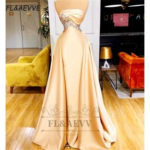 2021 Fashion Gold Evening Dress A Line Beads Strapless Elastic Satin with Train Floor Length Evening Prom Party Gowns