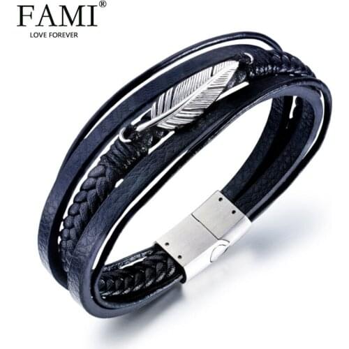 FAMI MAN BRACLETS accessories Multilayer Leather Hand Chain trendy steampunk Personality Feather Mens Bracelet Handmade Textile