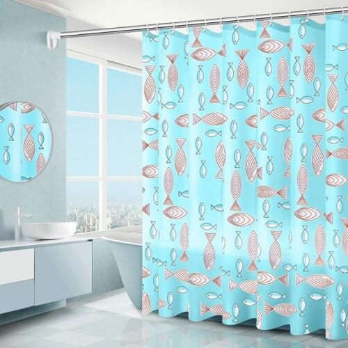 Sky Blue Fish Printing Shower Curtain Set with 12 Hooks Bathroom Decoration