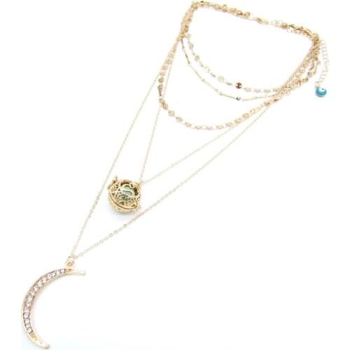 New Hot Sale Golden Design Discs Choker Multi Chain Layered Moon Pendant and Locket Oil Diffuser Perfume Women`s Chain Necklace