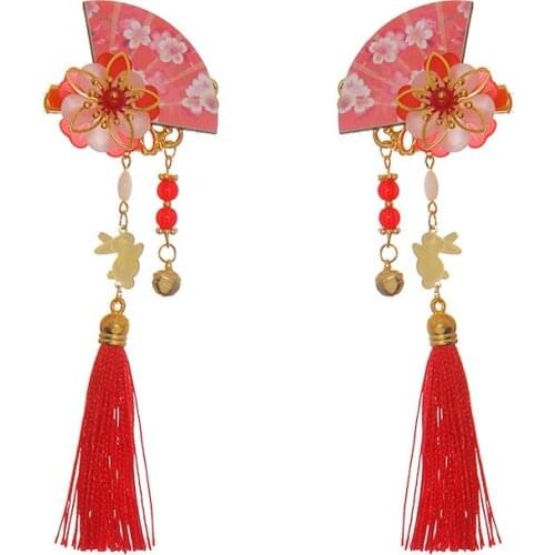Ancient Style Headdress Beautiful Fan-shaped Cherry Blossom Tassel Hairpin Accessories Handmade Sweet Japanese Geisha Fan Clips