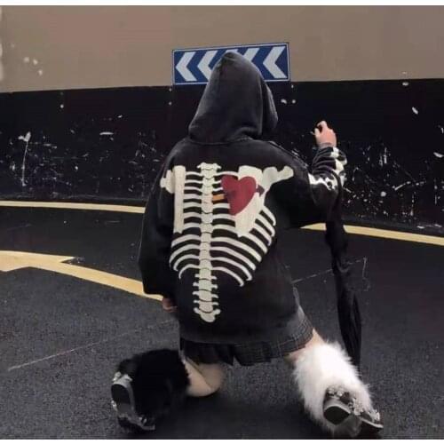 2021 autumn washed bone heart chapped print loose hooded sweater men and women couple hoodies