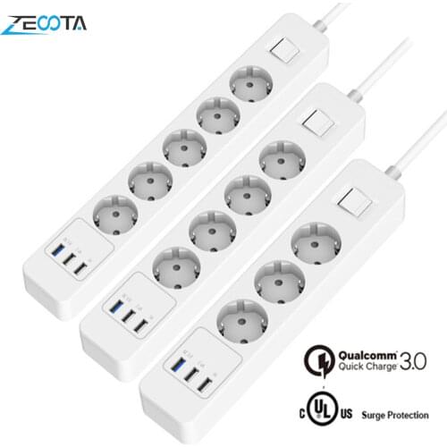 Power Strip 3/4/5 AC Outlets Sockets EU Plug Surge Protectorwith 3 USB QC3.0 Fast Rapid Quick Charger and 1.5m Extension Cable