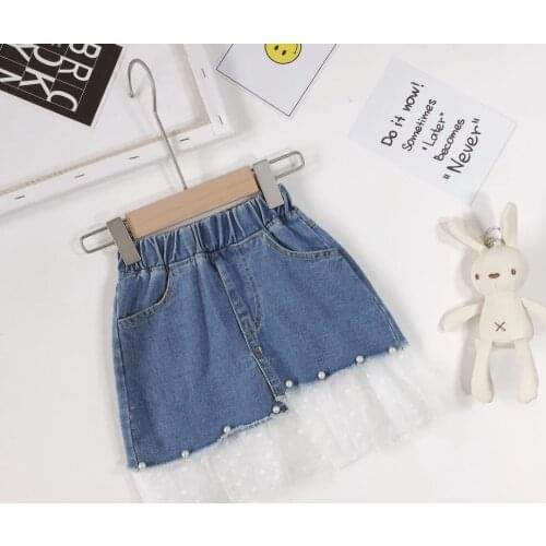 Girls Skirt Jeans Korean Baby Girl Lace Stitching Jeans Skirt Kids Denim Half-length Skirt for Girls Pearl Skirt 2-8 Years