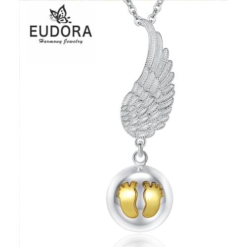 Eudora Angel Wing Baby Caller Pendant Necklace Fashion Pregnancy Ball Jewelry Chime Bola Baby Footprint Pendant Jewelry for Mom