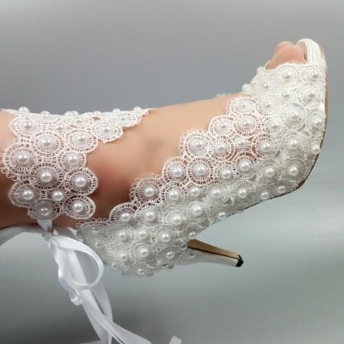 White Flower Lace-up womens wedding shoes 2019 Peep Toe open side Party dress shoes woman 5cm/8cm/10cm thin heel High shoes