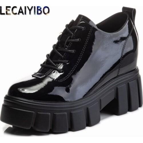 Punk Goth Platform Shoes Women Genuine Leather Ankle Boots Lace Up Wedge High Heel Oxfords Mililtary Creeper Shoes 34 -39