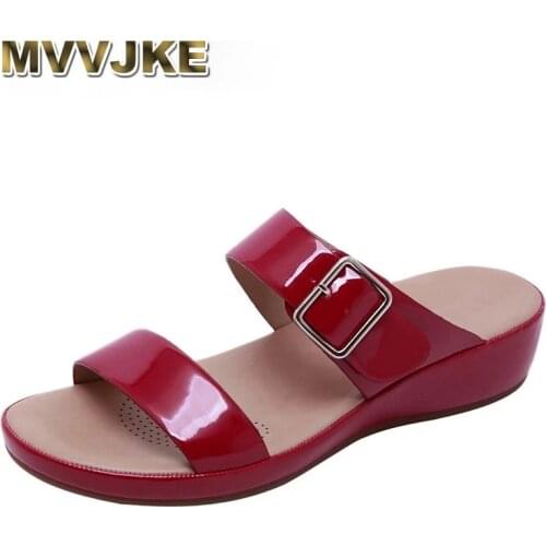 MVVJKE Summer Womens Slippers Soft leather mid-heel soft-slip wedge heel fashion outdoor women sandals and slippers