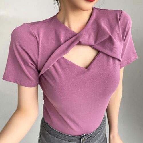 Womens Hollow Out Twisted V-neck Tshirt Girls Soft Stretchy Short Sleeve Cotton Sexy T-shirts Tops for Female 2021 Summer S846