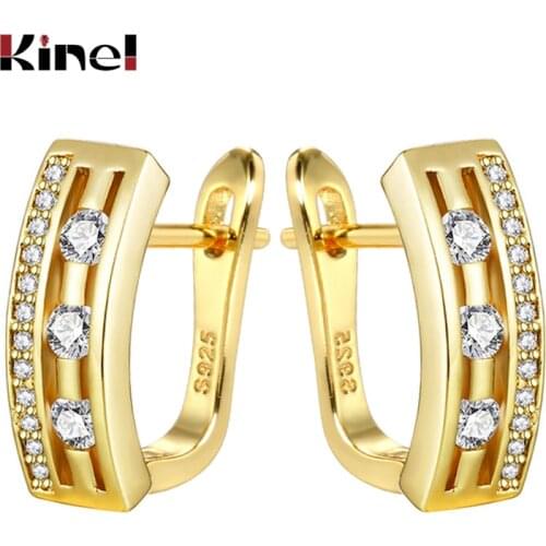 Kinel Simple U-shape Stud Earrings For Women Fashion Hollow Gold Color CZ Zircon Earings Wedding Jewelry Drop Shipping