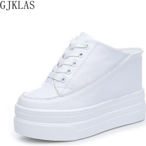 Genuine Leather Sandals Women Wedge Heels Platform Shoes Casuales Slipper White High Heels Woman Vulcanize Shoes Half Slippers