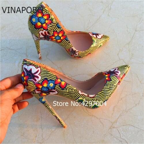 Vinapobo Women Fashion Retro Printing Flowers Green Pumps High Heels Shoes Woman Platform Pumps Summer Shoes Woman Pumps