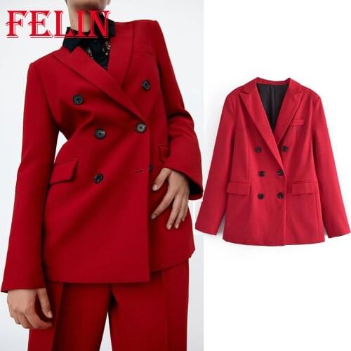 Za 2021 Chic Women Red Suit Jacker Fashion Autumn Luxury Office Lady Double Breasted Formal Outwear Long Sleeve Elegant Blazer