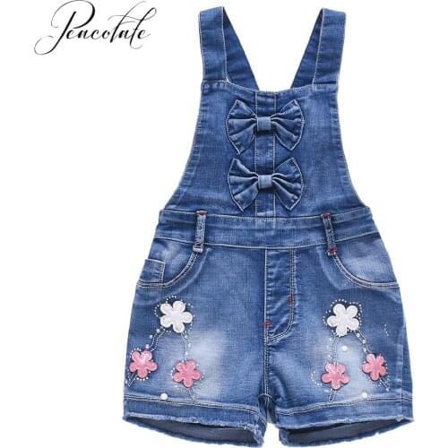 3-7T Summer Children Kids Little Girls Romper Shorts Denim Shorts Jeans Cotton Denim Bib Braces Rompers