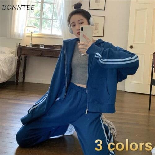 Sets Women Outfits 2020 Casual Chic Simple Long Sleeve Zipper Pockets Hooded Sweatshirts Mujer Clothing Elastic Waist Slacks New