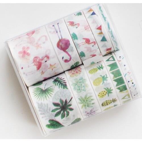 10 pcs/pack Green Leaves Pink Flamingo junkJournal Washi Tape Set Adhesive Tape DIY Scrapbooking Sticker Label Masking
