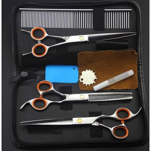 4pcs/set Japan 440c pet 7 inch shears dog grooming hair scissors set cutting barber thinning clipper bag hairdressing scissors